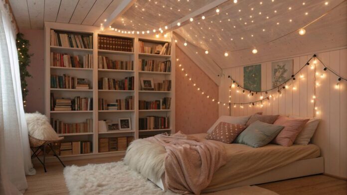 calm bedroom with lights and books