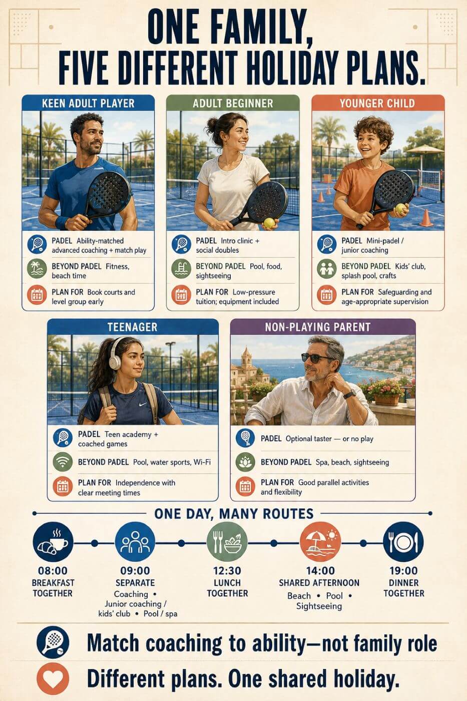 Family Padel Holidays: How to Plan for Different Ages, Abilities and Interests 2 one family 5 different plans