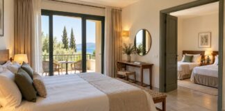 Hotel double bedroom with an open connecting doorway to a room with two single beds.