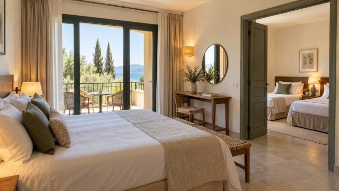 Hotel double bedroom with an open connecting doorway to a room with two single beds.