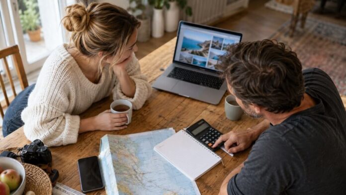Two adults comparing a holiday budget with a laptop, calculator and notebook.
